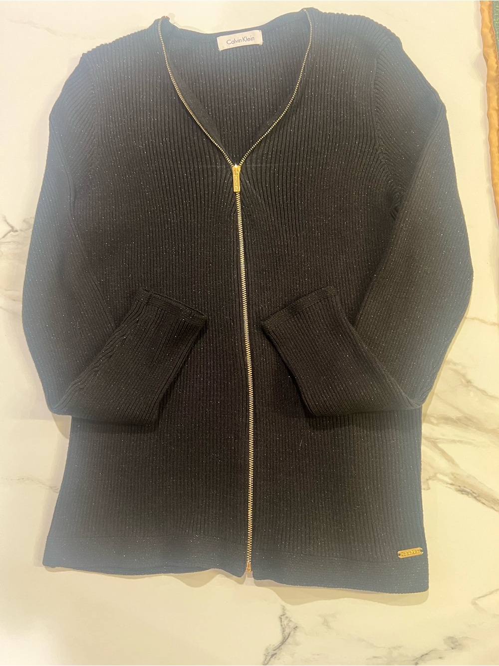Calvin Klein Black Ribbed Zip-Up Cardigan with Gold Trim